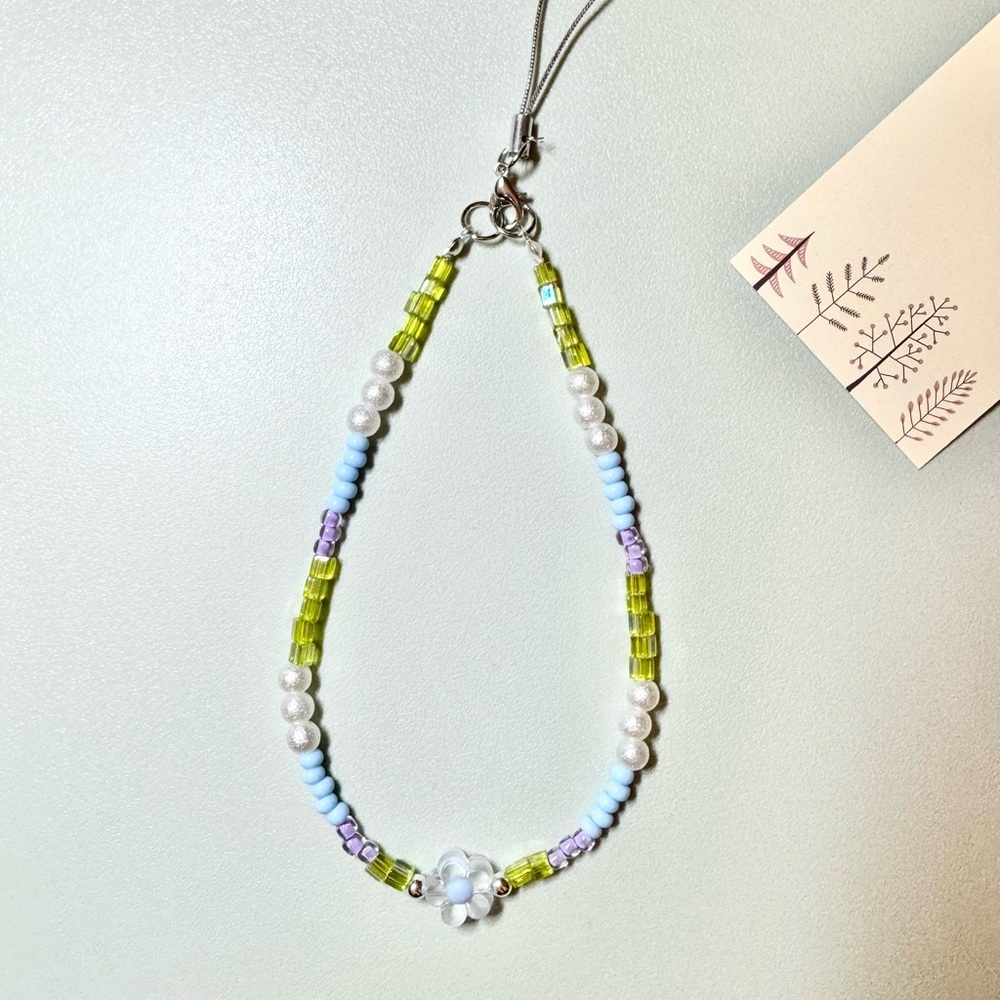 Handmade Phone Strap with Green Blue Purple Beads Flower Charm Phone Accessories